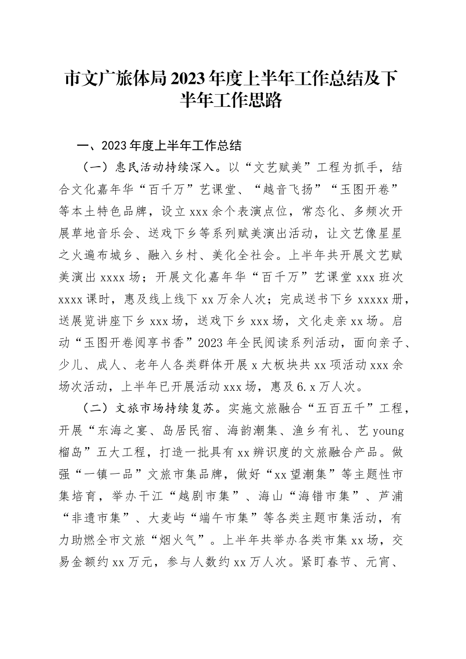 市文广旅体局2023年度上半年工作总结及下半年工作思路（20230703）_第1页