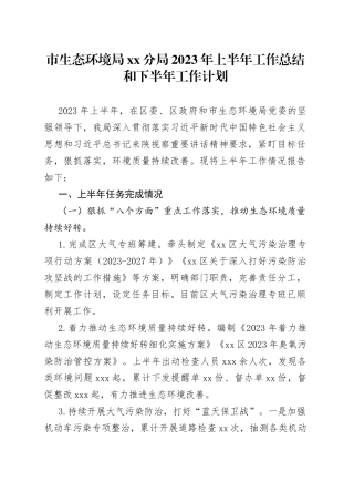 市生态环境局分局2023年上半年工作总结和下半年工作计划