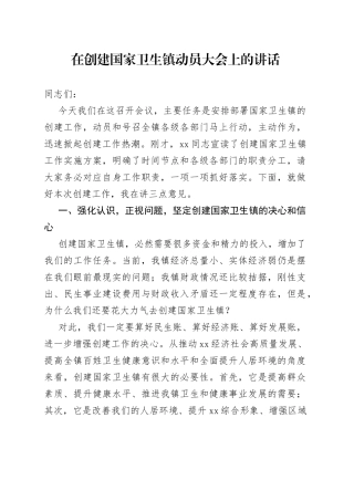 在创建国家卫生镇动员大会上的讲话