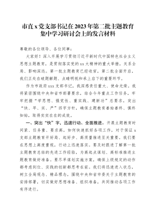 市直X党支部书记在2023年第二批主题教育集中学习研讨会上的发言材料