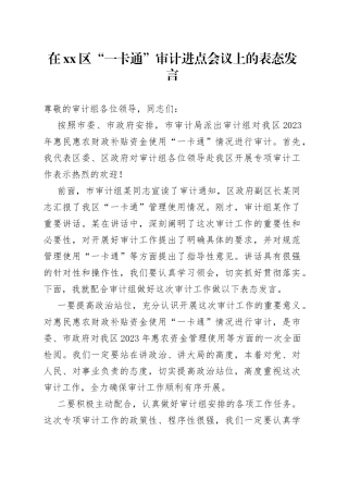在区“一卡通”审计进点会议上的表态发言