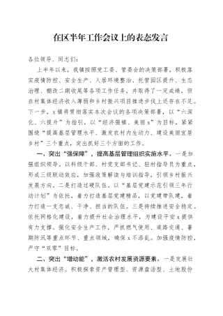 在区半年工作会议上的表态发言