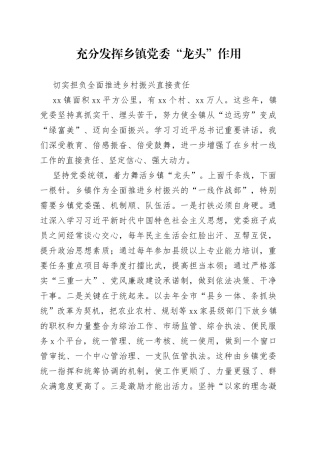 充分发挥乡镇街道党委“龙头”作用切实担负全面推进乡村振兴直接责任