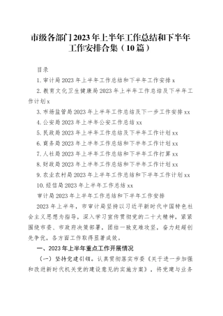市级各部门2023年上半年工作总结和下半年工作安排合集（10篇）
