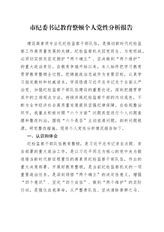 市纪委书记教育整顿个人党性分析报告