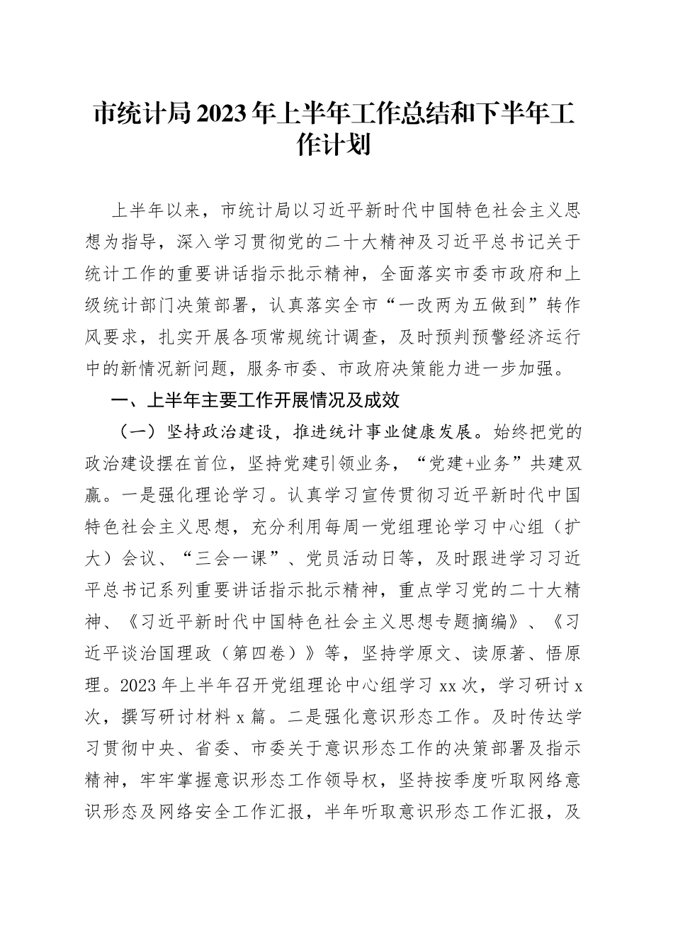 市统计局2023年上半年工作总结和下半年工作计划（20230710）_第1页