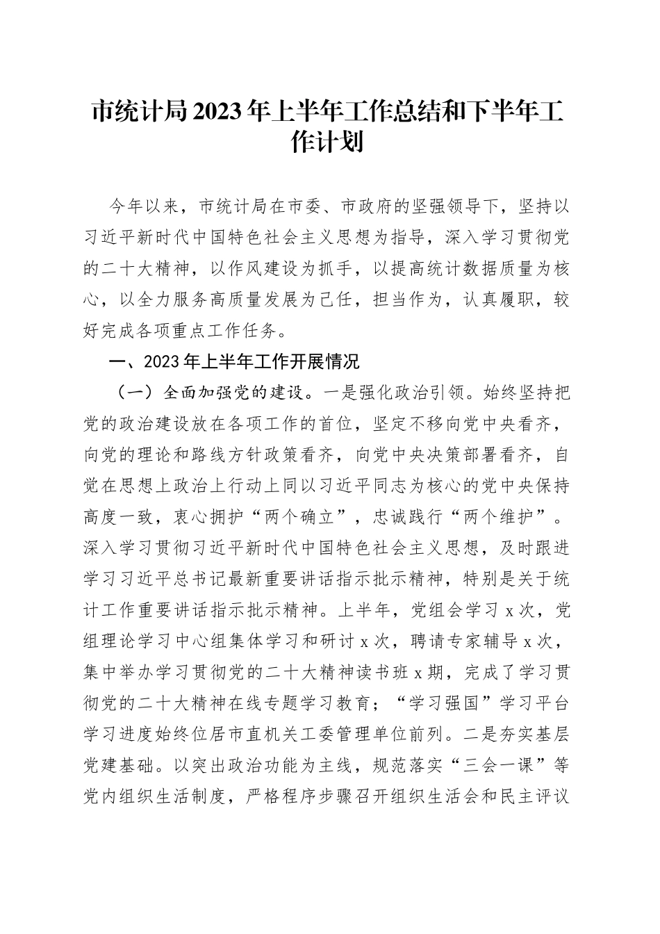 市统计局2023年上半年工作总结和下半年工作计划（20230808）_第1页