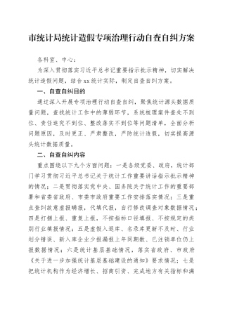 市统计局统计造假专项治理行动自查自纠方案（20230412）