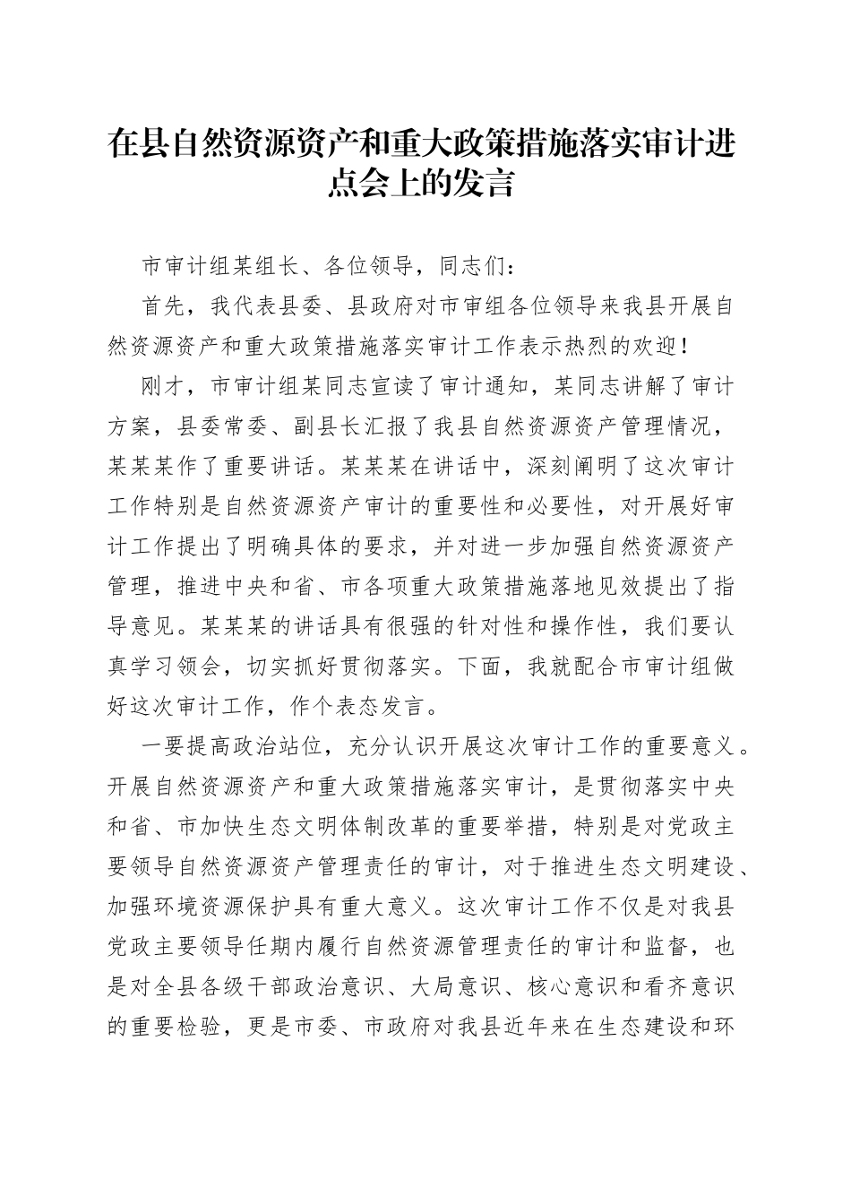 在县自然资源资产和重大政策措施落实审计进点会上的发言(1)_第1页