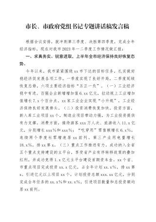 市长、市政府党组书记专题讲话稿发言稿