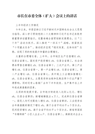 市长在市委全体（扩大）会议上的讲话