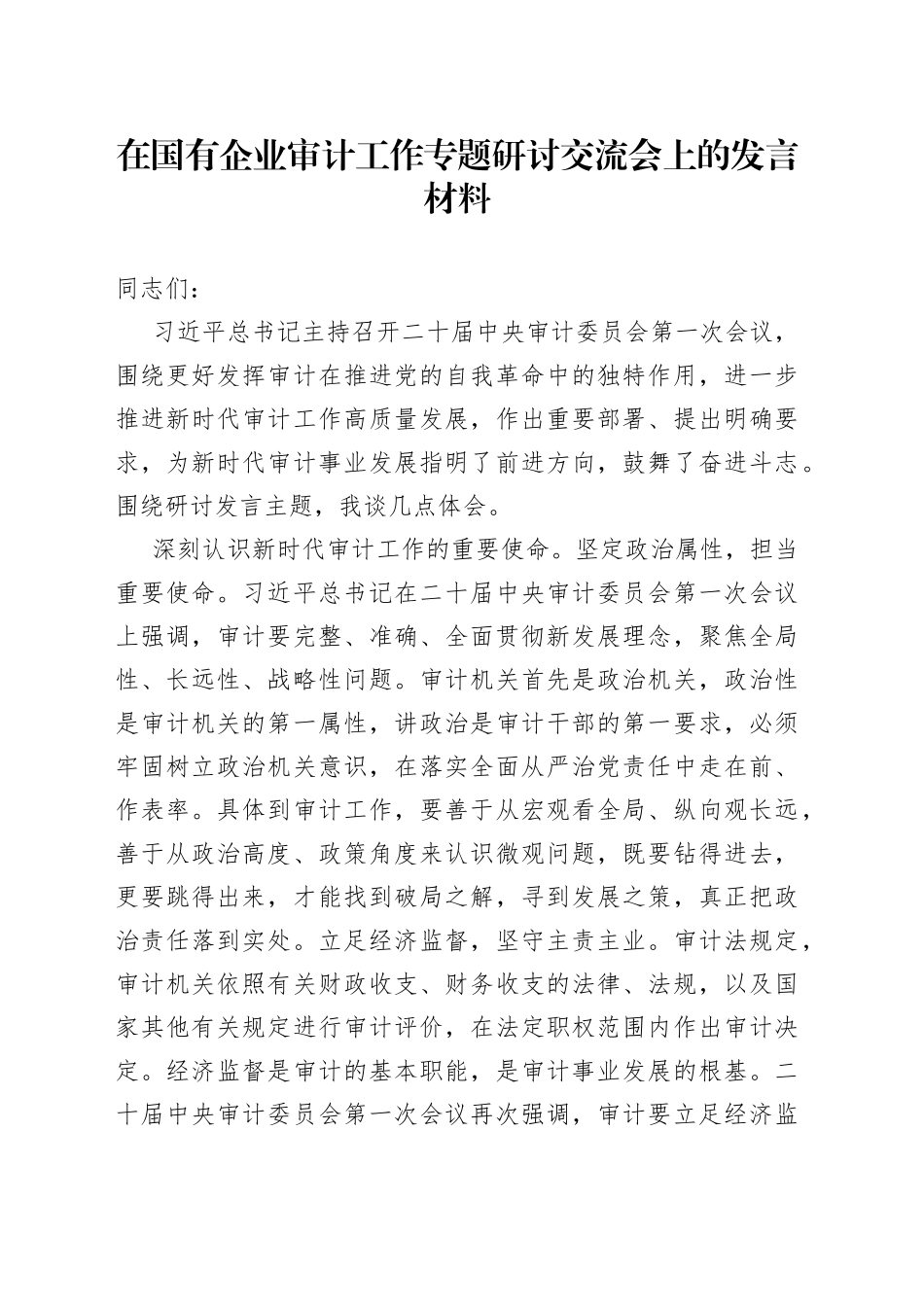 在国有企业审计工作专题研讨交流会上的发言材料_第1页