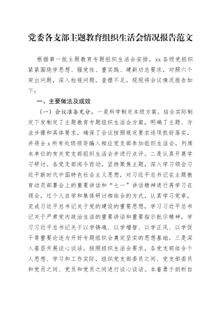党委各党支部主题教育民主生活会情况报告工作汇报总结230903
