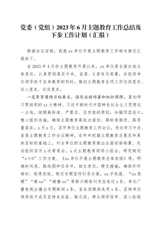 党委（党组）2023年6月主题教育工作总结及下步工作计划（汇报）