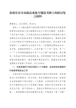 检察长在全市政法系统专题读书班上的研讨发言材料