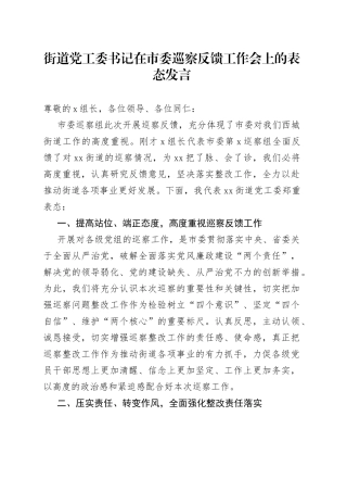 街道党工委书记在市委巡察反馈工作会上的表态发言