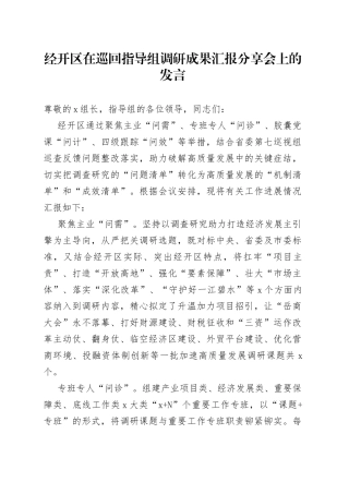 经开区在巡回指导组调研成果汇报分享会上的发言