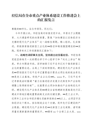 经信局在全市重点产业体系建设工作推进会上的汇报发言