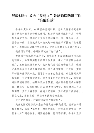 经验材料：放大“党建＋”效能确保防汛工作“有能有效”