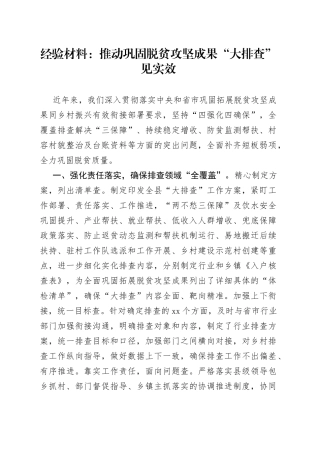 经验材料：推动巩固脱贫攻坚成果“大排查”见实效