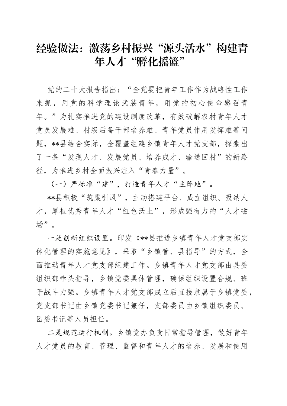 经验交流：激荡乡村振兴“源头活水” 构建青年人才“孵化摇篮”_第1页