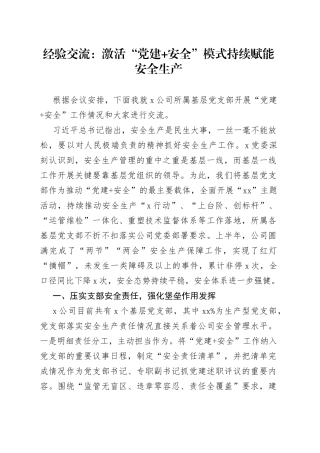 经验交流：激活“党建 安全”模式 持续赋能安全生产