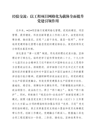 经验交流：以工程项目网格化为载体全面提升党建引领作用