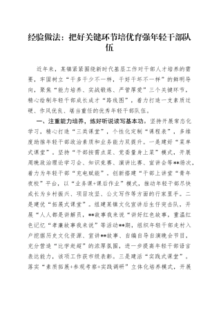 经验做法：把好关键环节 培优育强年轻干部队伍