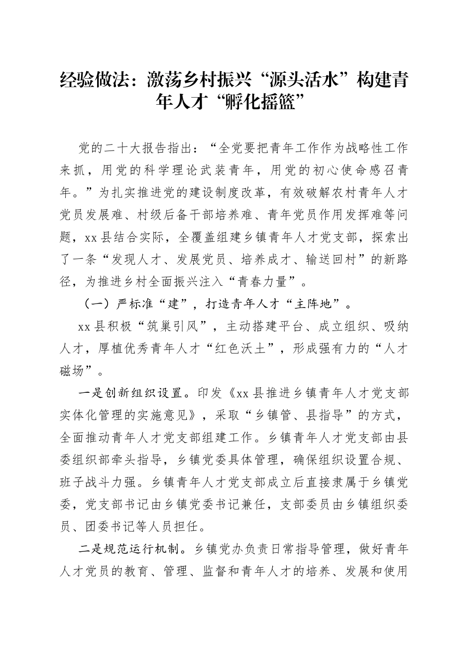 经验做法：激荡乡村振兴“源头活水”构建青年人才“孵化摇篮”_第1页