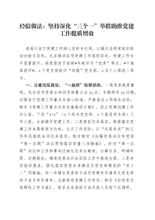 经验做法：坚持深化“三个一”举措 助推党建工作提质增效