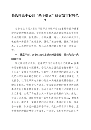 理论中心组两个确立研讨发言材料县长学习心得体会