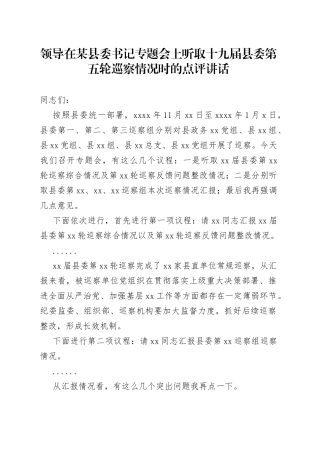 领导在某县委书记专题会上听取十九届县委第五轮巡察情况时的点评讲话