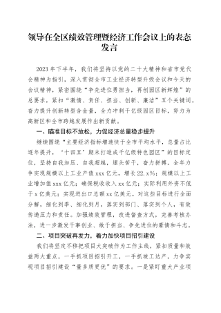 领导在全区绩效管理暨经济工作会议上的表态发言