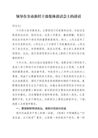 领导在全市新任干部集体谈话会上的讲话