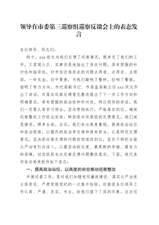 领导在市委第三巡察组巡察反馈会上的表态发言