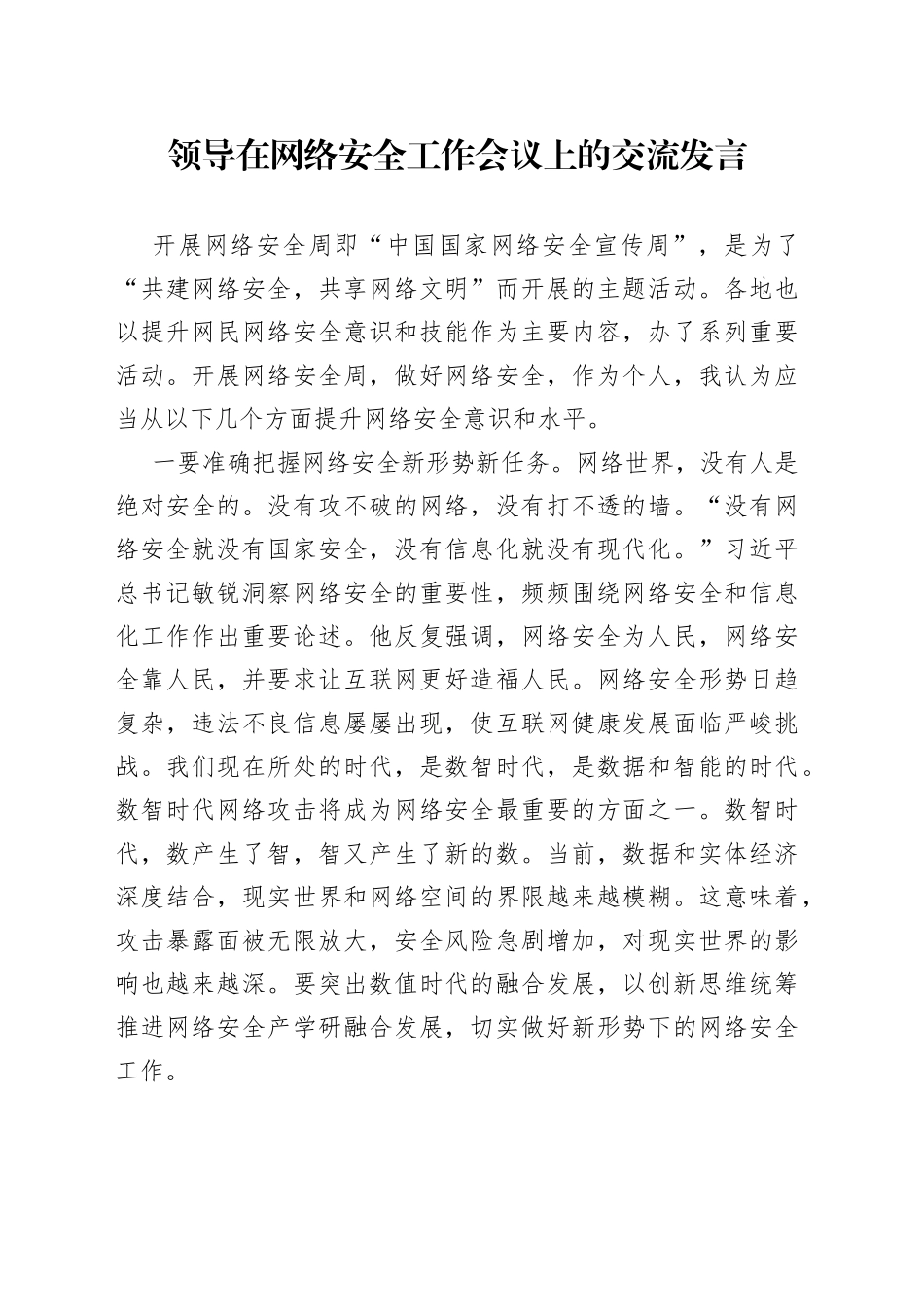 领导在网络安全工作会议上的交流发言_第1页