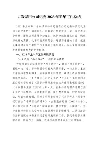 煤田公司纪委2023年半年工作总结