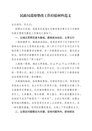 民政局巡察整改工作经验材料汇报总结报告