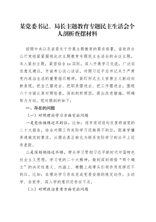 某党委书记、局长主题教育专题民主生活会个人剖析查摆材料