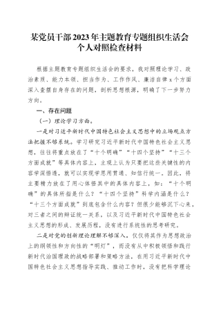 某党员干部2023年主题教育专题组织生活会个人对照检查材料