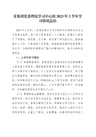 某集团党委理论学习中心组2023年上半年学习情况总结