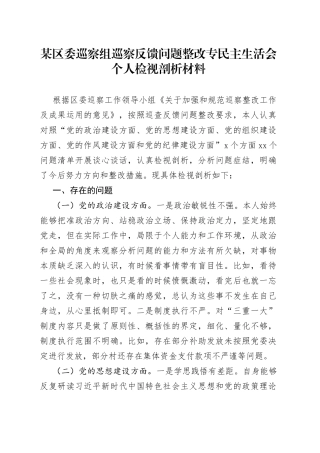 某区委巡察组巡察反馈问题整改专民主生活会个人检视剖析材料
