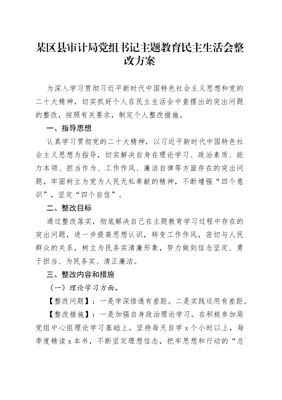 某区县审计局党组书记主题教育民主生活会整改方案_第1页