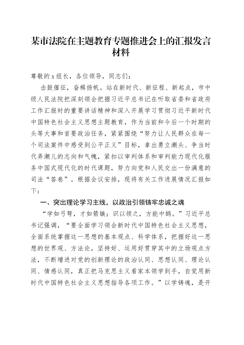 某市法院在主题教育专题推进会上的汇报发言材料_第1页