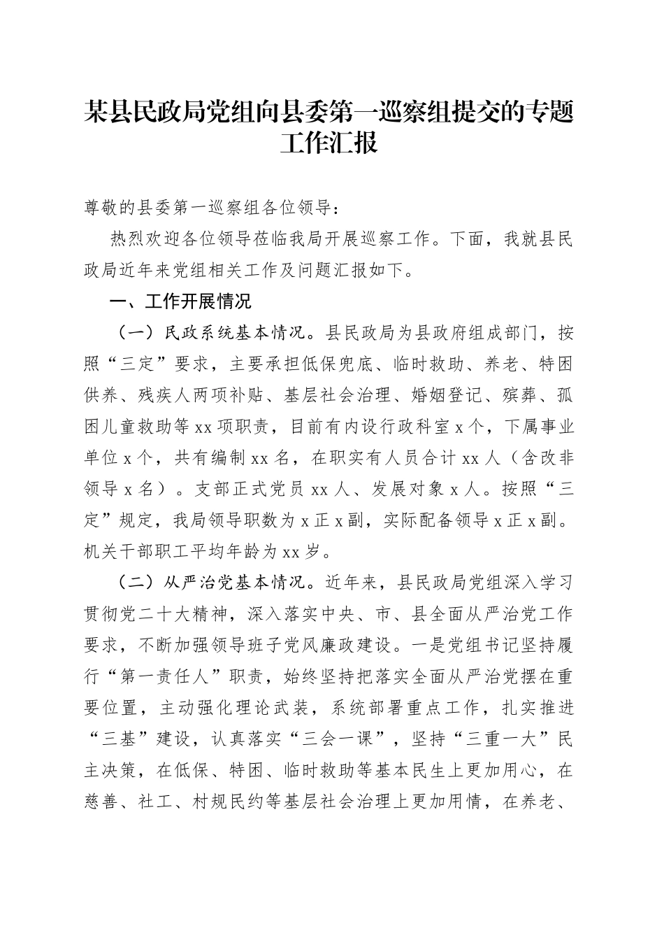 某县民政局党组向县委第一巡察组提交的专题工作汇报_第1页