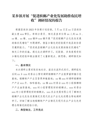 某乡镇街道开展“促进槟榔产业化发展助推农民增收”调研情况的报告
