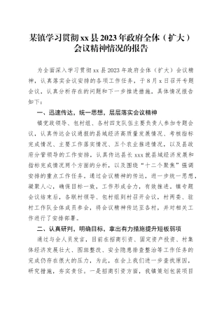 某镇学习贯彻县2023年政府全体（扩大）会议精神情况的报告