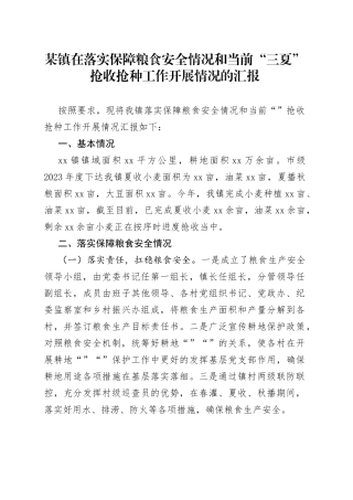 某镇在落实保障粮食安全情况和当前“三夏”抢收抢种工作开展情况的汇报