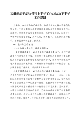 某组织部干部监督科上半年工作总结及下半年工作思路
