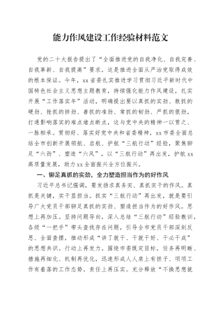 能力作风建设工作经验材料总结汇报报告